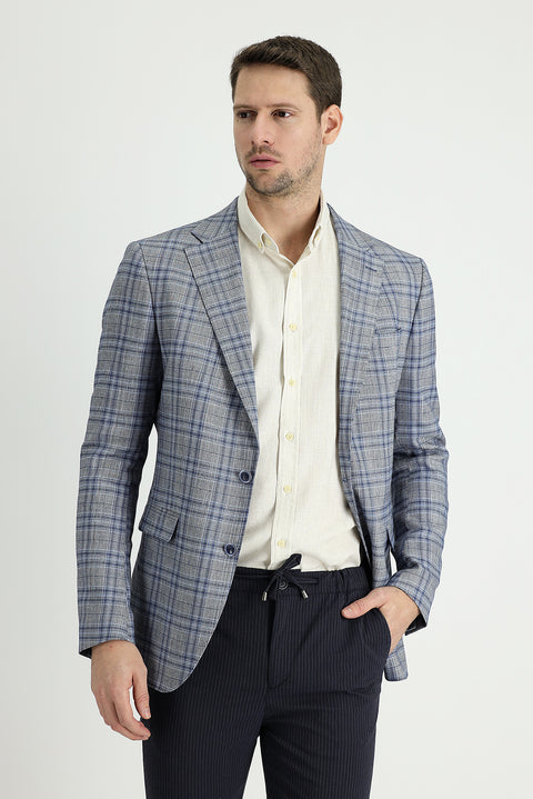 Mavi 7 Drop Slim Fit Dar Kesim Ekose Keten Karışımlı Ceket