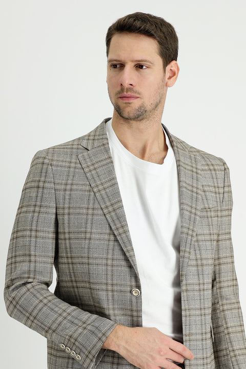 Orta Vizon 7 Drop Slim Fit Dar Kesim Ekose Keten Karışımlı Ceket