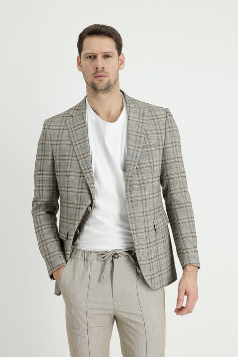 Orta Vizon 7 Drop Slim Fit Dar Kesim Ekose Keten Karışımlı Ceket