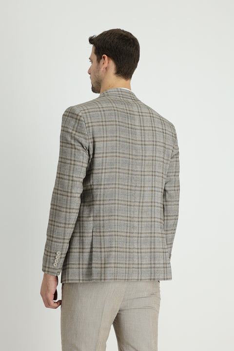 Orta Vizon 7 Drop Slim Fit Dar Kesim Ekose Keten Karışımlı Ceket
