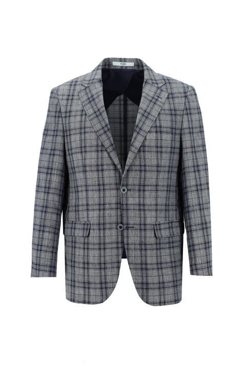 Koyu Lacivert 4 Drop Relaxed Fit Rahat Kesim Ekose Keten Ceket