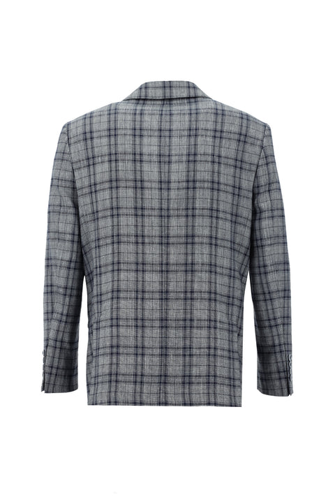 Koyu Lacivert 4 Drop Relaxed Fit Rahat Kesim Ekose Keten Ceket