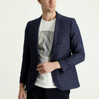 Orta Lacivert 7 Drop Slim Fit Dar Kesim Desenli Keten Karışımlı Ceket