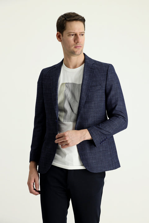 Orta Lacivert 7 Drop Slim Fit Dar Kesim Desenli Keten Karışımlı Ceket