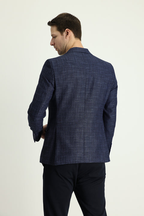 Orta Lacivert 7 Drop Slim Fit Dar Kesim Desenli Keten Karışımlı Ceket