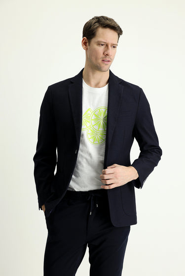 Koyu Lacivert Slim Fit Dar Kesim Klasik Kareli Ceket