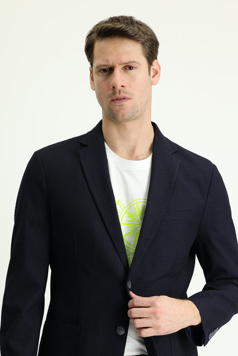 Koyu Lacivert 7 Drop Slim Fit Dar Kesim Klasik Kareli Ceket