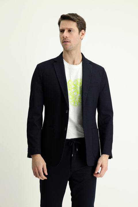 Koyu Lacivert 7 Drop Slim Fit Dar Kesim Klasik Kareli Ceket