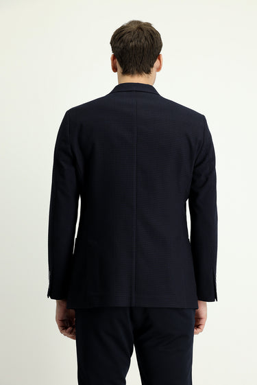 Koyu Lacivert Slim Fit Dar Kesim Klasik Kareli Ceket