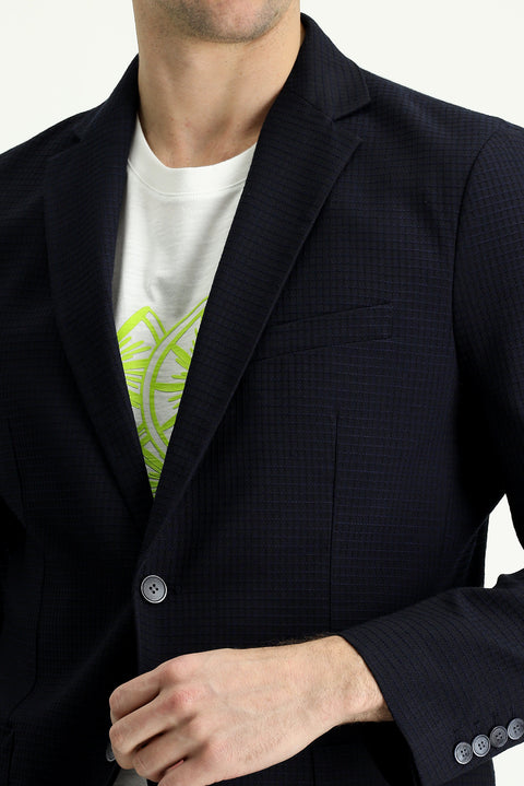 Koyu Lacivert 7 Drop Slim Fit Dar Kesim Klasik Kareli Ceket
