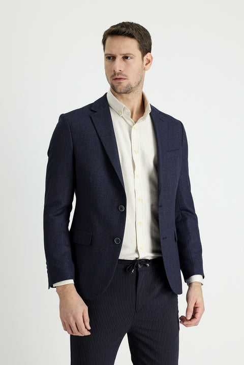 Koyu Lacivert 7 Drop Slim Fit Dar Kesim Klasik Desenli Ceket