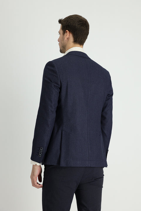 Koyu Lacivert 7 Drop Slim Fit Dar Kesim Klasik Desenli Ceket