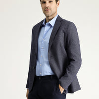 Koyu Lacivert 7 Drop Slim Fit Dar Kesim Klasik Desenli Keten Ceket