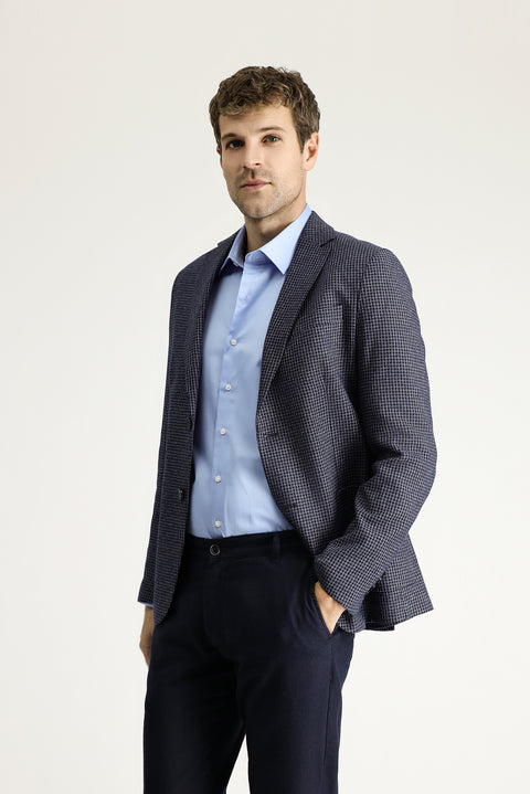 Koyu Lacivert 7 Drop Slim Fit Dar Kesim Klasik Desenli Keten Ceket