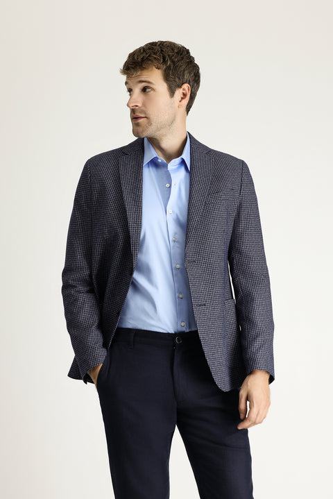 Koyu Lacivert 7 Drop Slim Fit Dar Kesim Klasik Desenli Keten Ceket