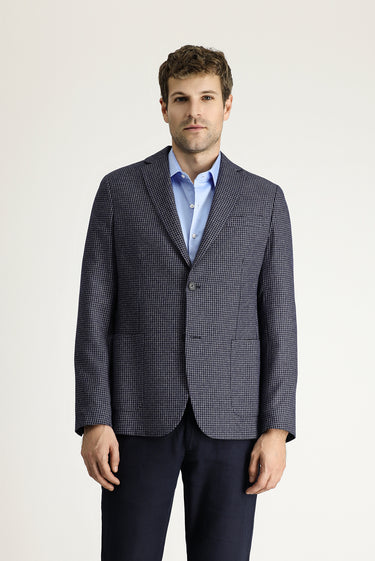  Koyu Lacivert Slim Fit Dar Kesim Klasik Desenli Keten Karışımlı Ceket