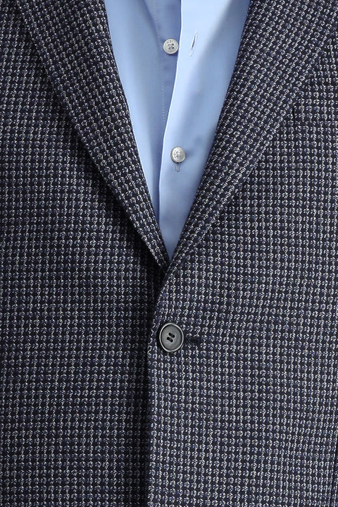 Koyu Lacivert 7 Drop Slim Fit Dar Kesim Klasik Desenli Keten Ceket