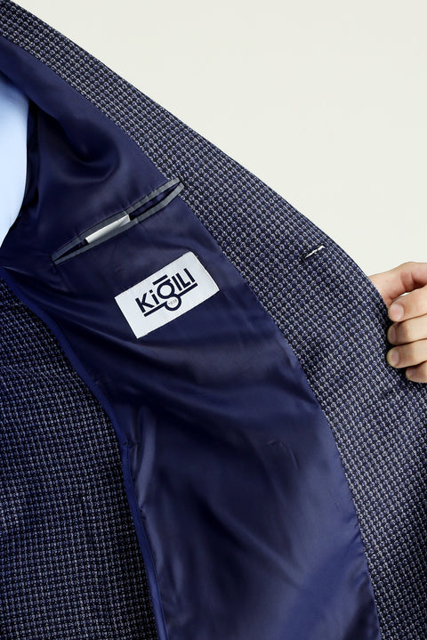 Koyu Lacivert 7 Drop Slim Fit Dar Kesim Klasik Desenli Keten Ceket