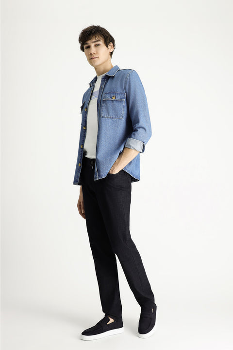 Siyah 7 Drop Slim Fit Dar Kesim Denim Look Likralı Pantolon