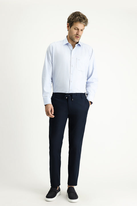 Koyu Lacivert Slim Fit Dar Kesim Beli Lastikli İpli Likralı Pantolon