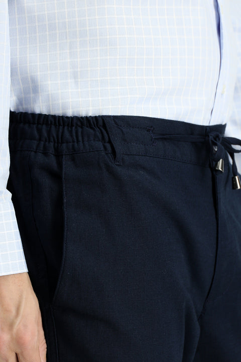 Koyu Lacivert Slim Fit Dar Kesim Beli Lastikli İpli Likralı Pantolon