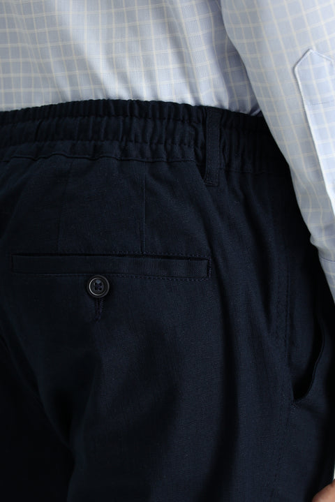 Koyu Lacivert Slim Fit Dar Kesim Beli Lastikli İpli Likralı Pantolon