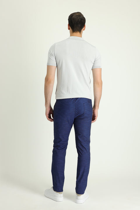 Dark Navy Slim Fit Skinny Elasticated Waist Drawstring Patterned Lycra Trousers