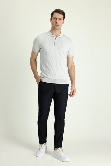 Koyu Lacivert Slim Fit Dar Kesim Desenli Likralı Kanvas / Chino Pantolon