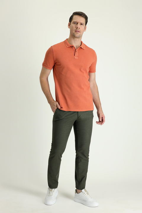 Orta Haki 7 Drop Slim Fit Dar Kesim Desenli Likralı Kanvas / Chino Pantolon