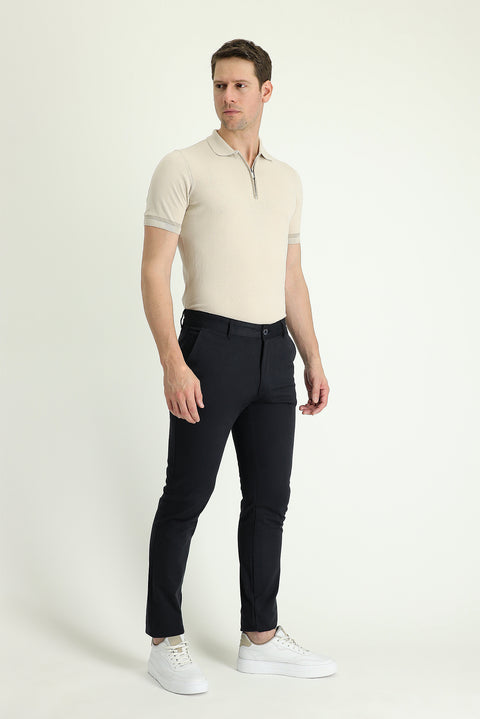 Koyu Lacivert 7 Drop Slim Fit Dar Kesim Likralı Kanvas / Chino Pantolon