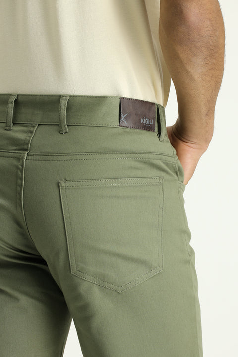 Orta Haki Slim Fit Dar Kesim Likralı Kanvas / Chino Pantolon