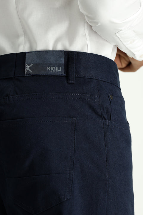 Koyu Lacivert Regular Fit Standart Kesim Likralı Kanvas / Chino Pantolon
