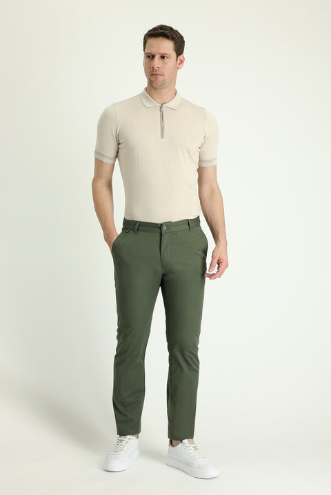 Orman Yeşili Regular Fit Standart Kesim Likralı Kanvas / Chino Pantolon