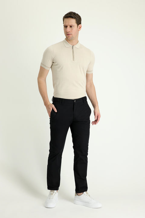 Siyah Regular Fit Standart Kesim Likralı Kanvas / Chino Pantolon