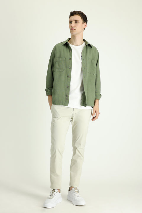 Krem Slim Fit Dar Kesim Likralı Kanvas / Chino Pantolon