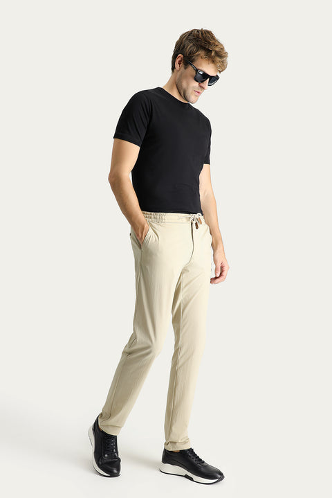 Orta Bej 6 Drop Regular Fit Standart Kesim Beli Lastikli İpli Likralı Pantolon