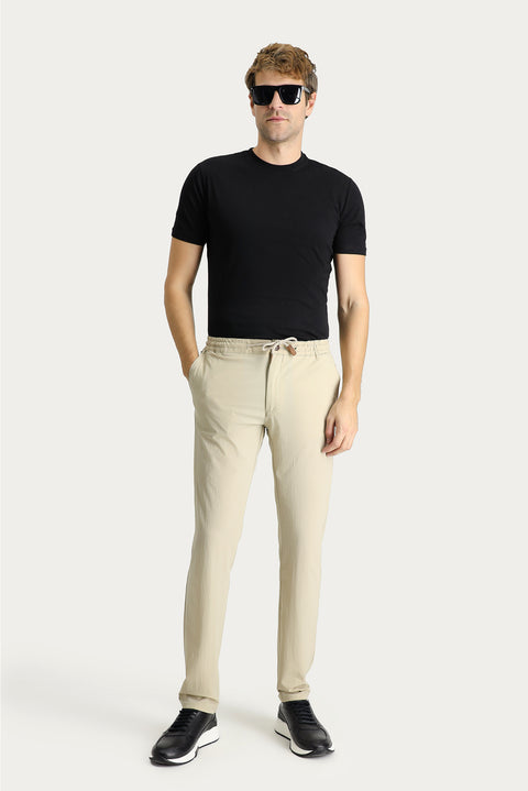 Orta Bej 6 Drop Regular Fit Standart Kesim Beli Lastikli İpli Likralı Pantolon