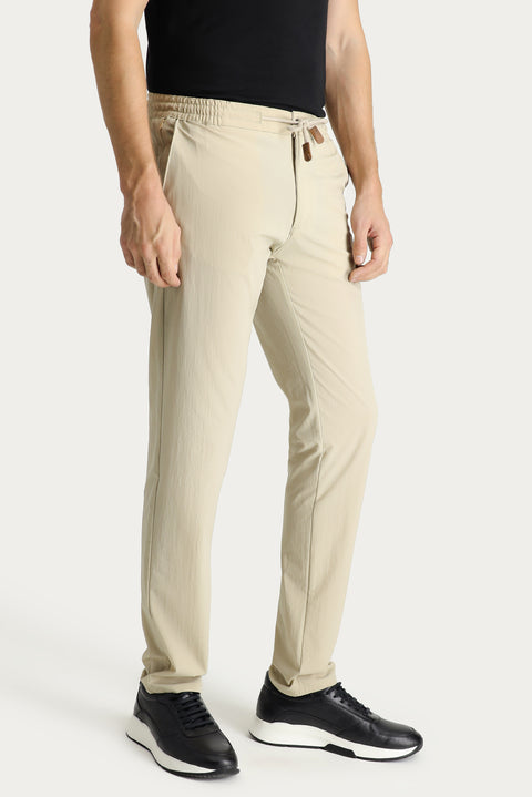 Orta Bej Regular Fit Standart Kesim Beli Lastikli İpli Likralı Pantolon