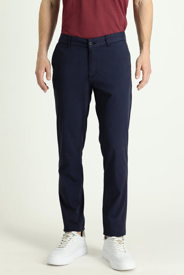 Orta Lacivert Slim Fit Dar Kesim Likralı Saten Kanvas / Chino Pantolon