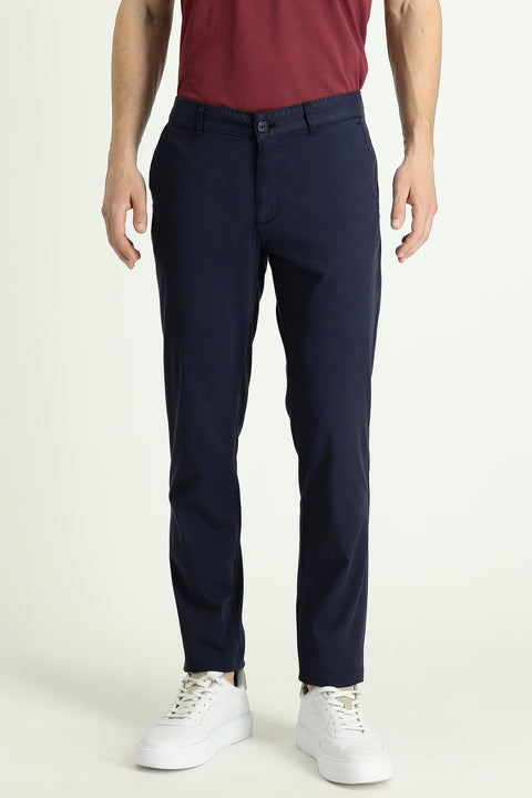 Orta Lacivert 7 Drop Slim Fit Dar Kesim Likralı Saten Kanvas / Chino Pantolon