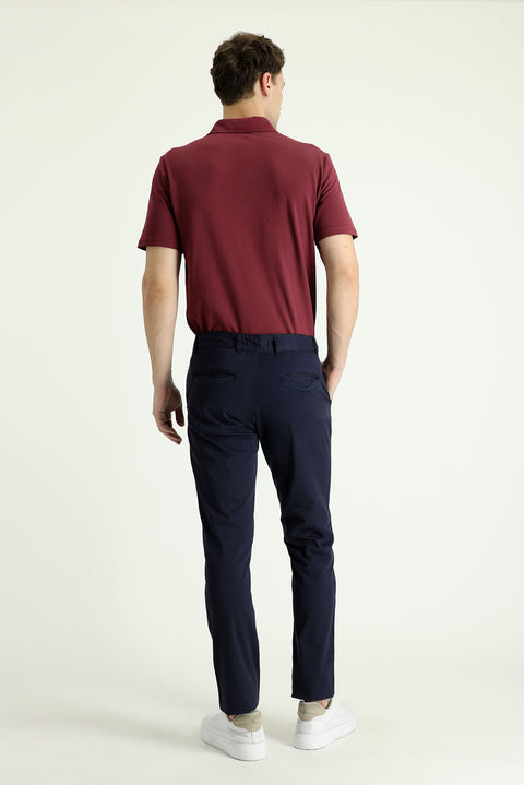 Orta Lacivert 7 Drop Slim Fit Dar Kesim Likralı Saten Kanvas / Chino Pantolon