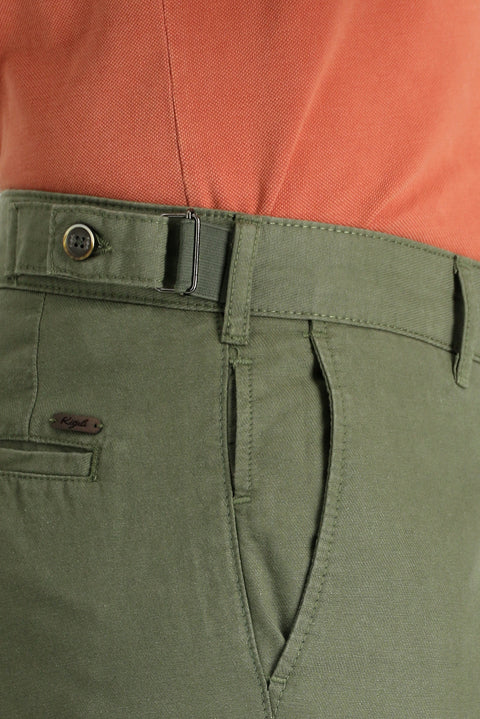 Orta Haki 6 Drop Regular Fit Standart Kesim Tokalı Pamuklu Kanvas / Chino Pantolon