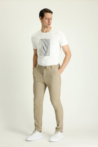  Açık Vizon 7 Drop Super Slim Fit Eksra Dar Kesim Beli Lastikli İpli Desenli Likralı Klasik Kumaş Pantolon
