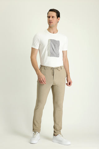  Açık Vizon 7 Drop Super Slim Fit Eksra Dar Kesim Beli Lastikli İpli Desenli Likralı Klasik Kumaş Pantolon