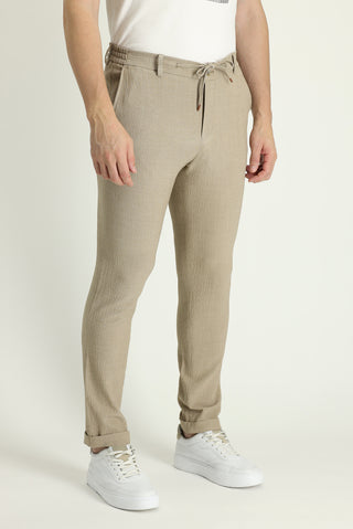  Açık Vizon 7 Drop Super Slim Fit Eksra Dar Kesim Beli Lastikli İpli Desenli Likralı Klasik Kumaş Pantolon