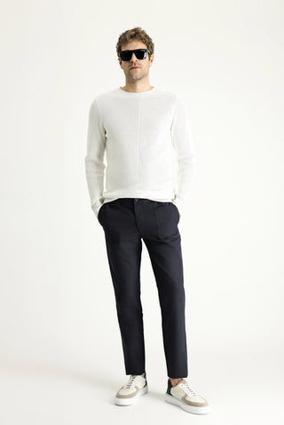  Koyu Lacivert 7 Drop Slim Fit Dar Kesim Beli Lastikli Keten Karışımlı Kanvas / Chino Pantolon