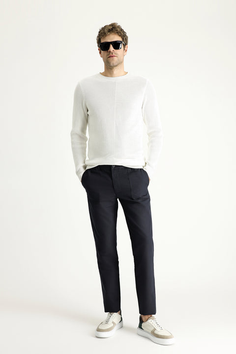 Koyu Lacivert Slim Fit Dar Kesim Beli Lastikli Keten Karışımlı Kanvas / Chino Pantolon
