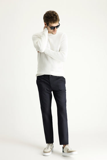  Koyu Lacivert Slim Fit Dar Kesim Beli Lastikli Keten Karışımlı Kanvas / Chino Pantolon