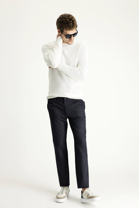 Koyu Lacivert Slim Fit Dar Kesim Beli Lastikli Keten Karışımlı Kanvas / Chino Pantolon