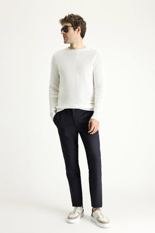 Koyu Lacivert 7 Drop Slim Fit Dar Kesim Beli Lastikli Keten Karışımlı Kanvas / Chino Pantolon